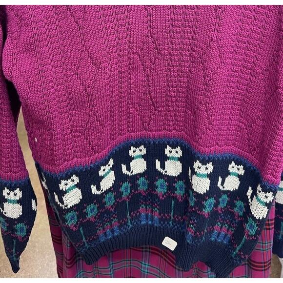 Vintage Cat Sweater Knit Sz L Pink Set Plaid Skirt Retro 70’s New - Picture 1 of 9